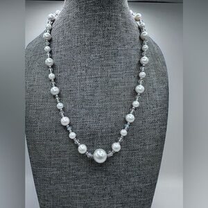 Classic Vintage Costume White Pearl and Crystal Necklace with 2” extension